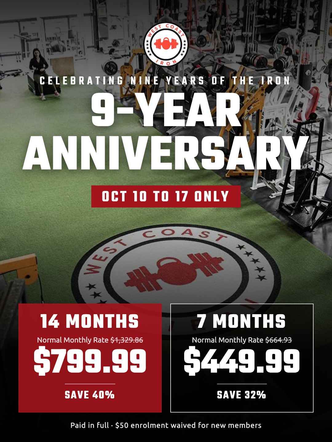 West Coast Iron 9-year anniversary: 14 months $799.99 or 7 months $449.99, Oct 10 to 17